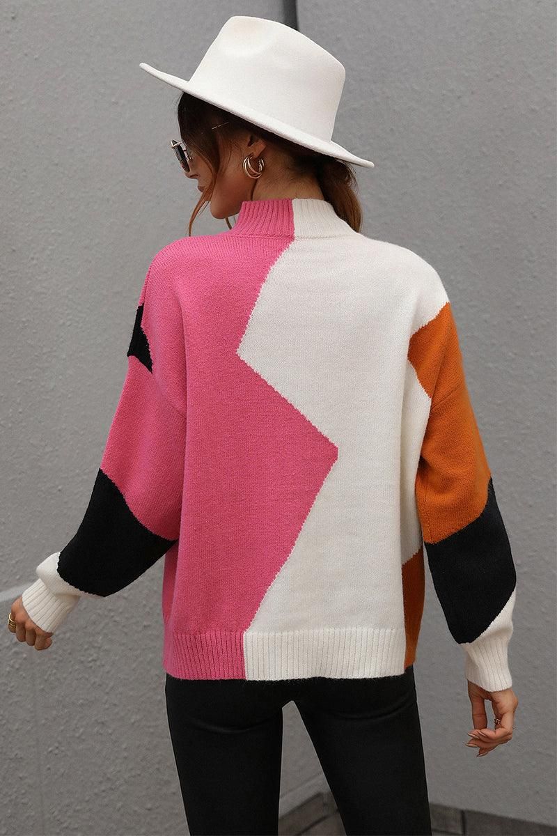 TURTLE NECK COLOR BLOCK CASUAL SWEATER TOP - Doublju