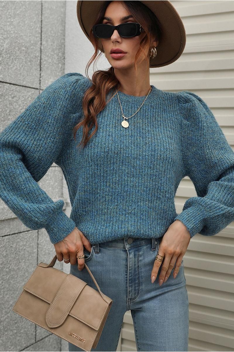 LOOSE FIT LEG OF MUTTON SLEEVE KNIT WARM SWEATER - Doublju