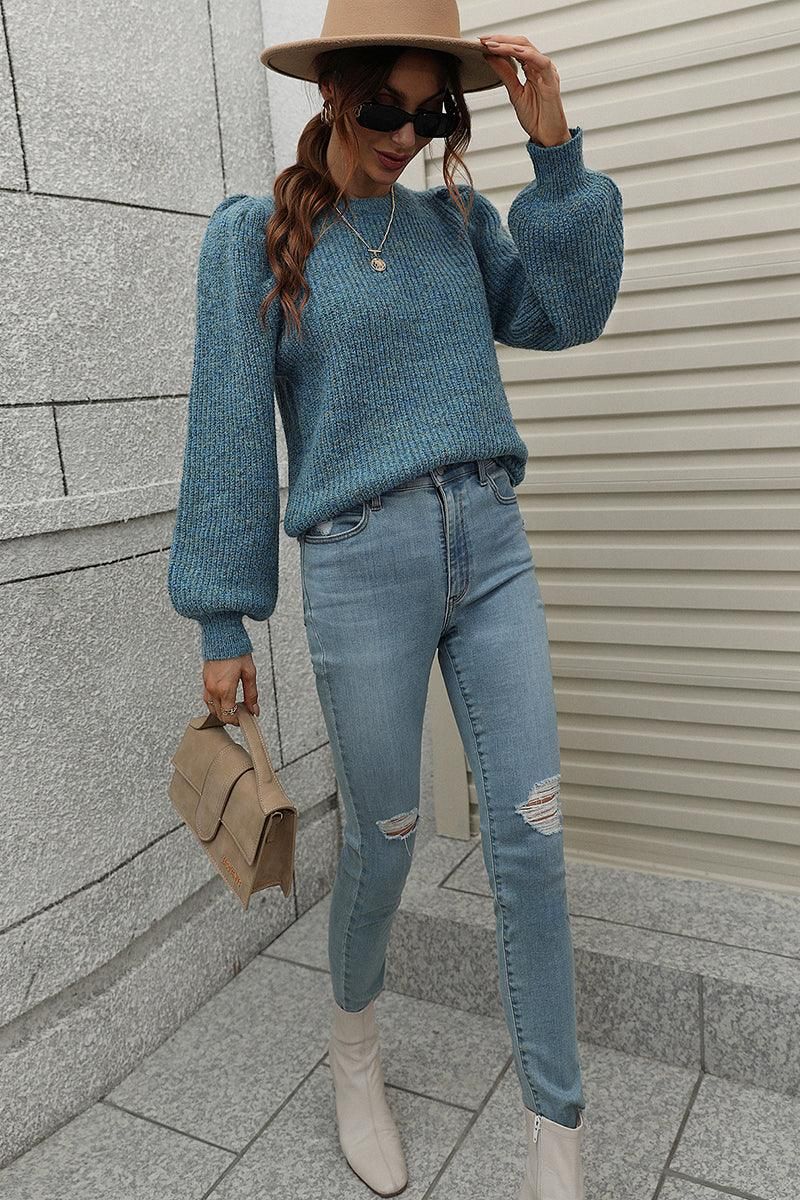 LOOSE FIT LEG OF MUTTON SLEEVE KNIT WARM SWEATER - Doublju