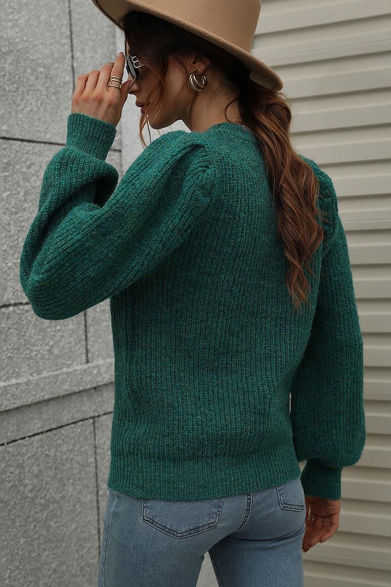 LOOSE FIT LEG OF MUTTON SLEEVE KNIT WARM SWEATER - Doublju