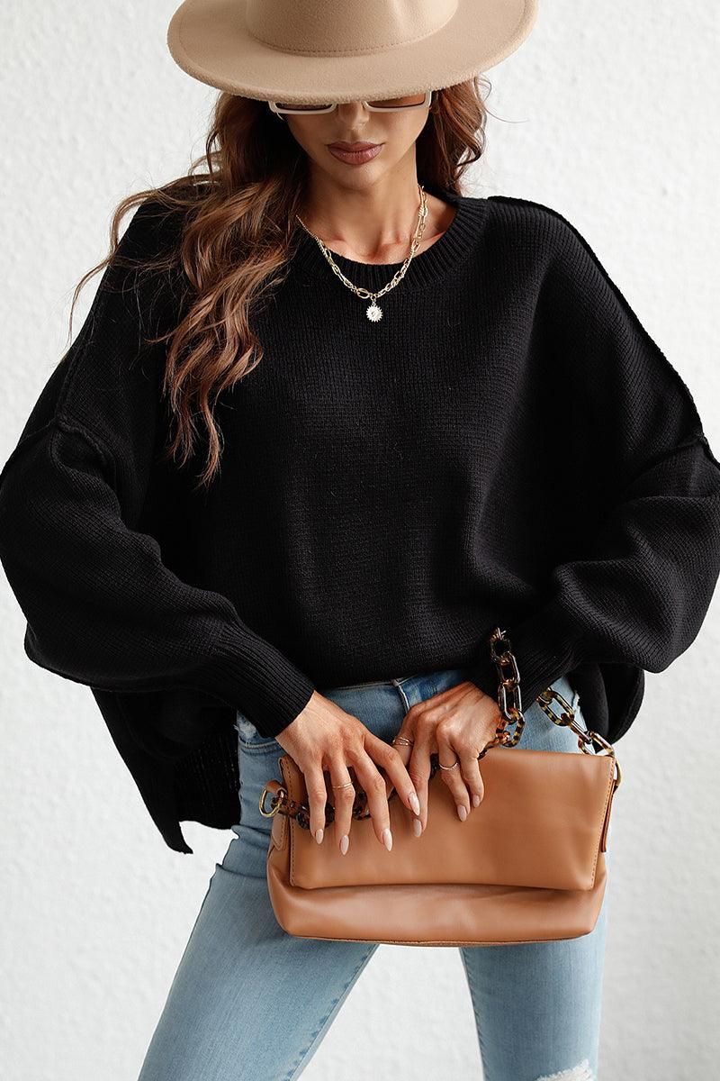 LOOSE FIT DOLMAN SLEEVE KNIT SWEATER - Doublju