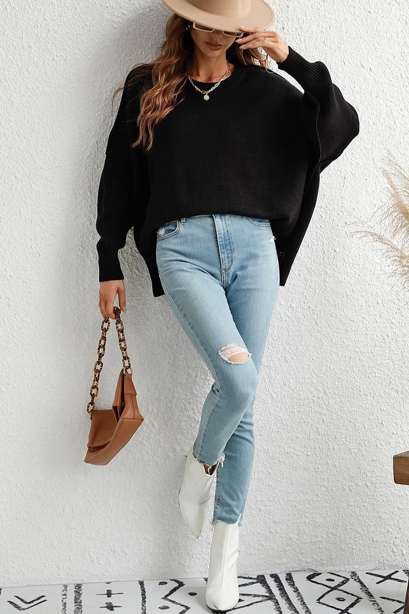 LOOSE FIT DOLMAN SLEEVE KNIT SWEATER - Doublju