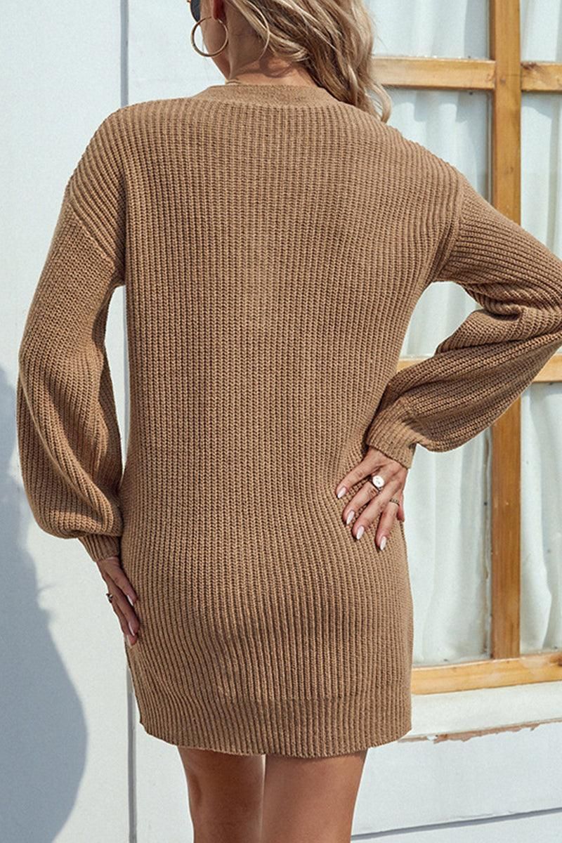 BUTTON NECK KNITTED SWEAT SKIRT - Doublju