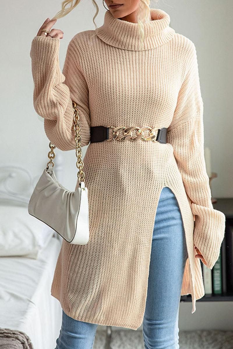 TURTLE NECK TUNIC KNIT SWEATER - Doublju