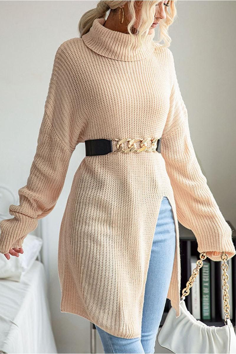 TURTLE NECK TUNIC KNIT SWEATER - Doublju