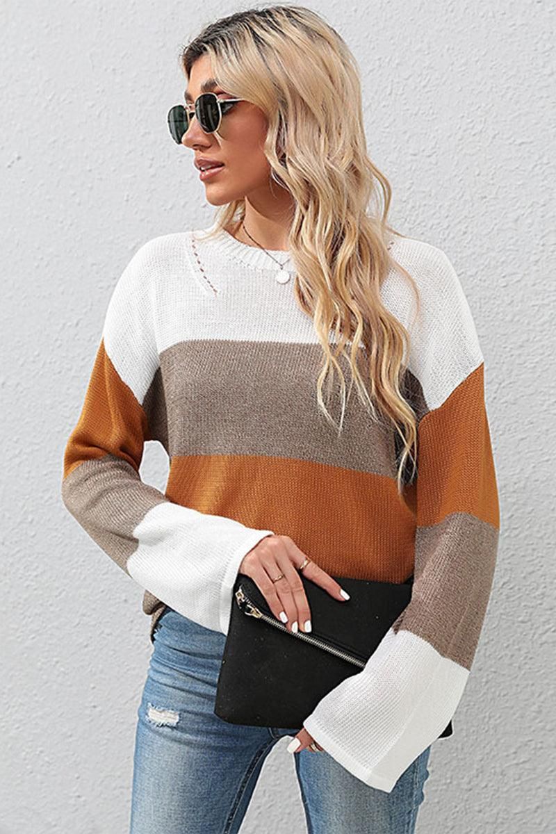KNITTED COLOR BLOCK CASUAL SWATER TOP - Doublju