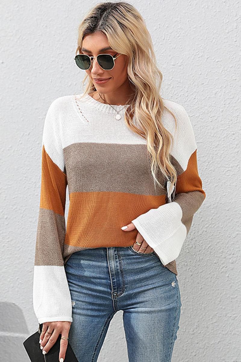 KNITTED COLOR BLOCK CASUAL SWATER TOP - Doublju