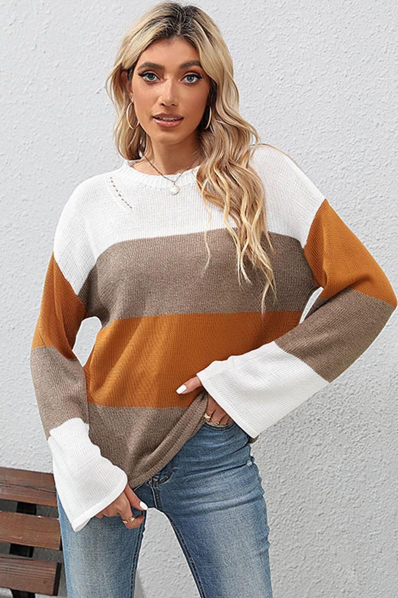 KNITTED COLOR BLOCK CASUAL SWATER TOP - Doublju