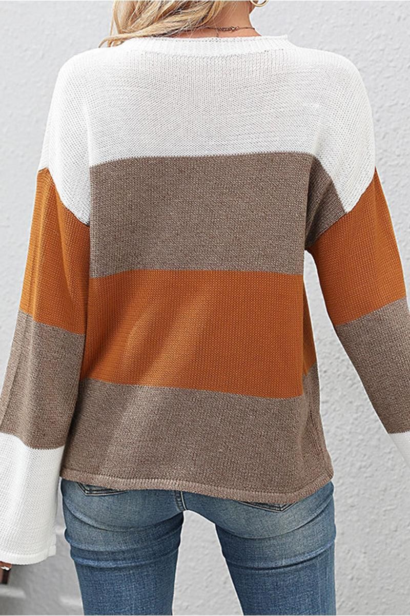 KNITTED COLOR BLOCK CASUAL SWATER TOP - Doublju