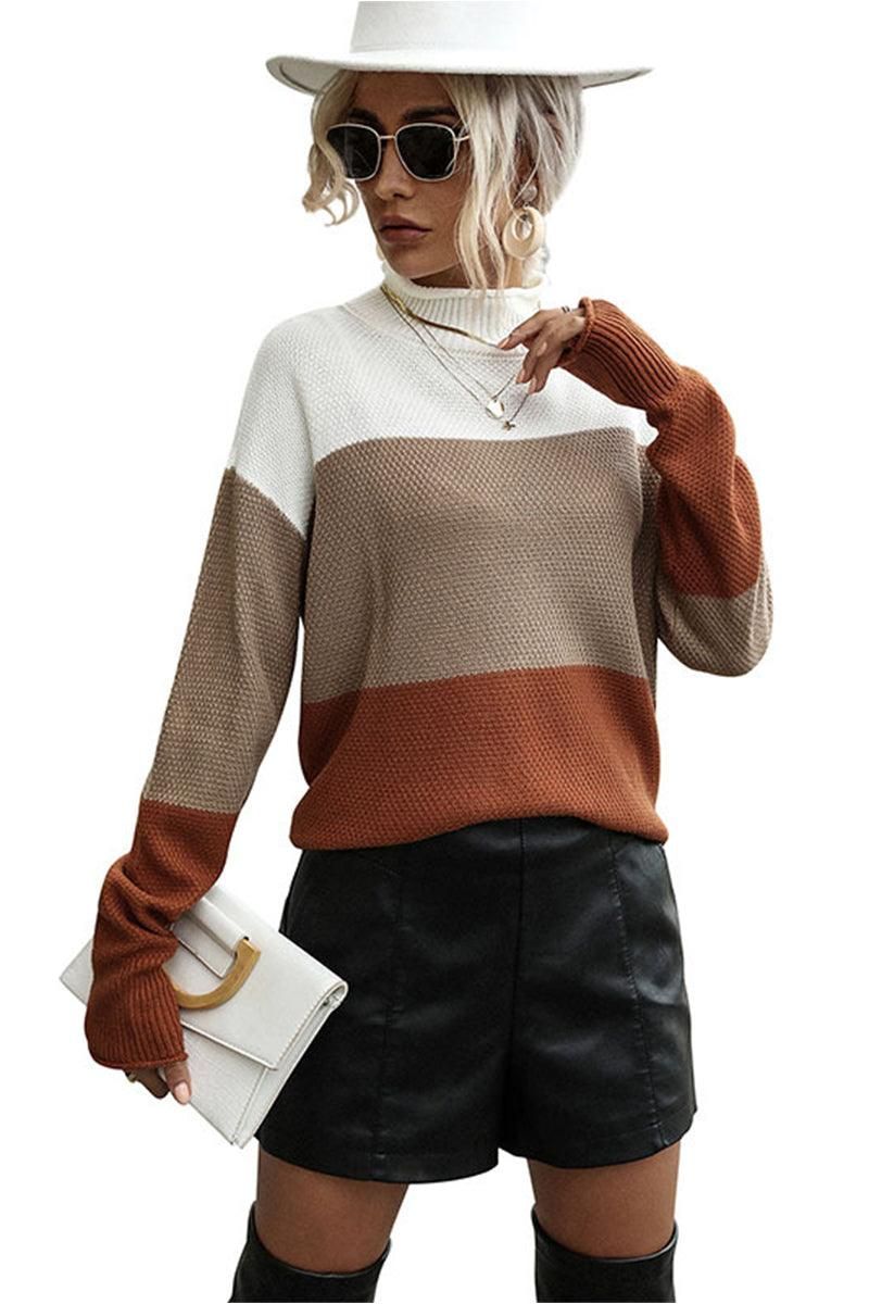 COLOR BLOCK CASUAL TUNIC SWEATER - Doublju