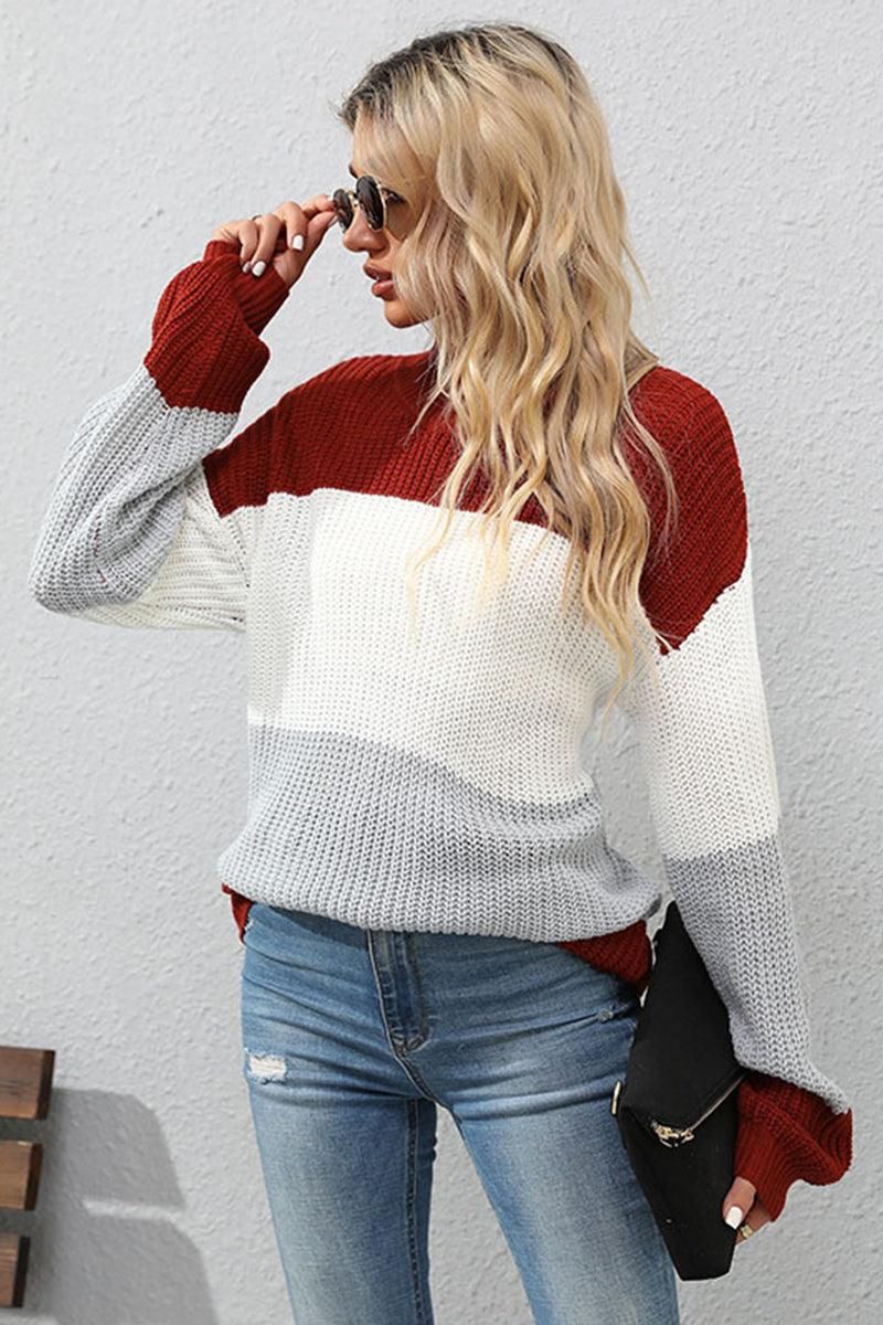 COLOR BLOCKED LOOSE FIT DAILY SWEATER - Doublju