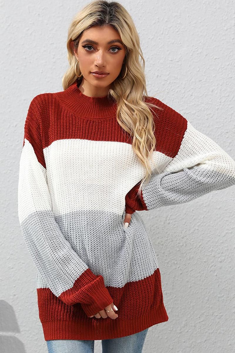 COLOR BLOCKED LOOSE FIT DAILY SWEATER - Doublju