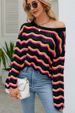 LOOSE FIT RIBBED CREWNECK WAVE PATTERN SWEATER - Doublju