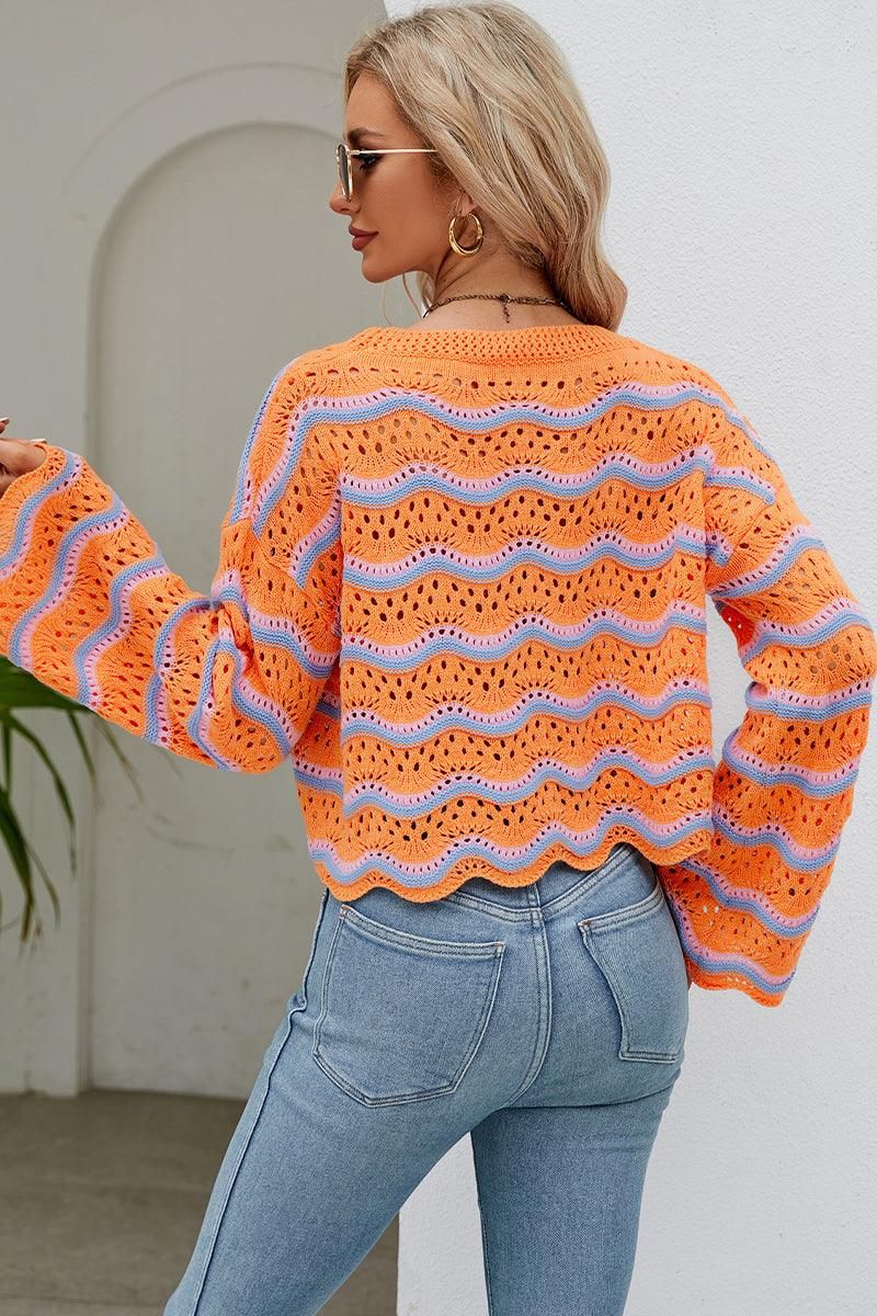 LOOSE FIT RIBBED CREWNECK WAVE PATTERN SWEATER - Doublju