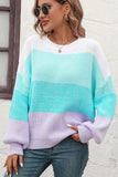 WOMEN RIBBED CREW NECK COLOR BLOCK SWEATER - Doublju