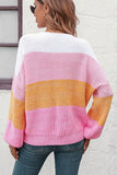 WOMEN RIBBED CREW NECK COLOR BLOCK SWEATER - Doublju