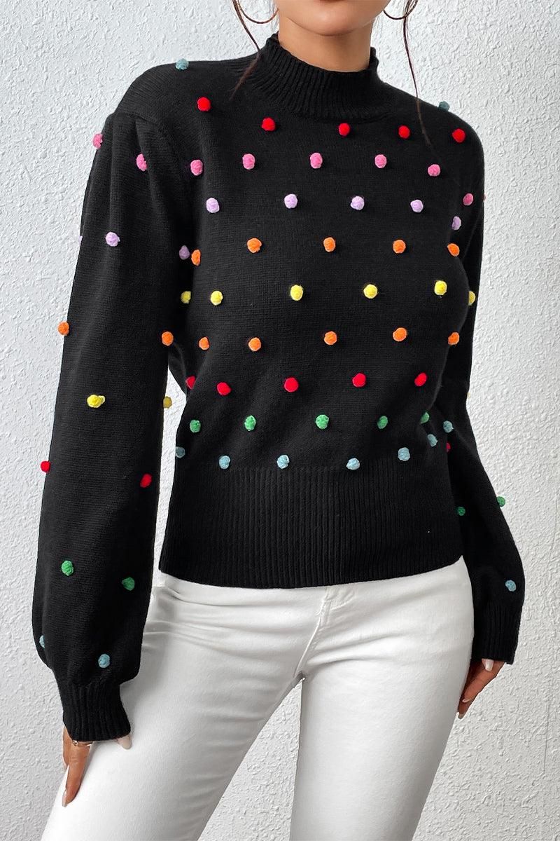 WOMEN RIBBED HIGH NECK COLOR SWISS DOT JUMPER TOP - Doublju