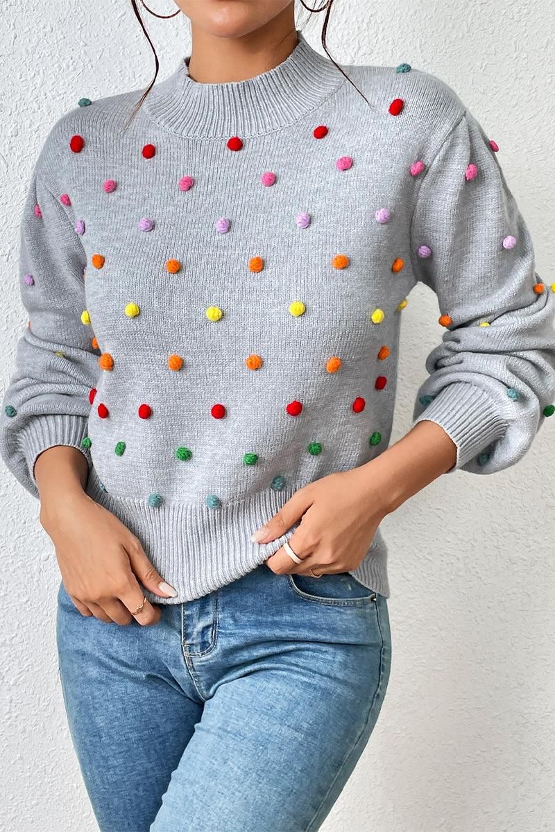 WOMEN RIBBED HIGH NECK COLOR SWISS DOT JUMPER TOP - Doublju