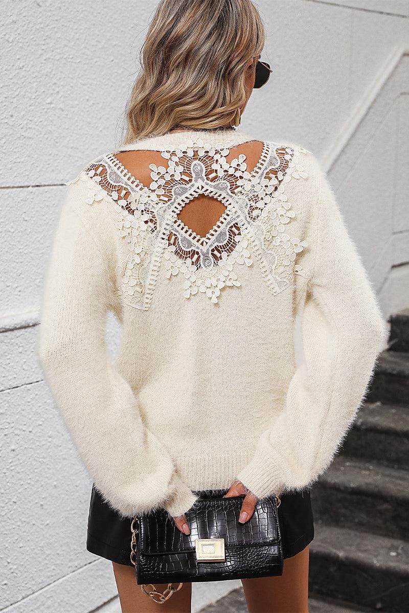 WOMEN LACED BACK DETAILED FURRY SWEATER TOP - Doublju