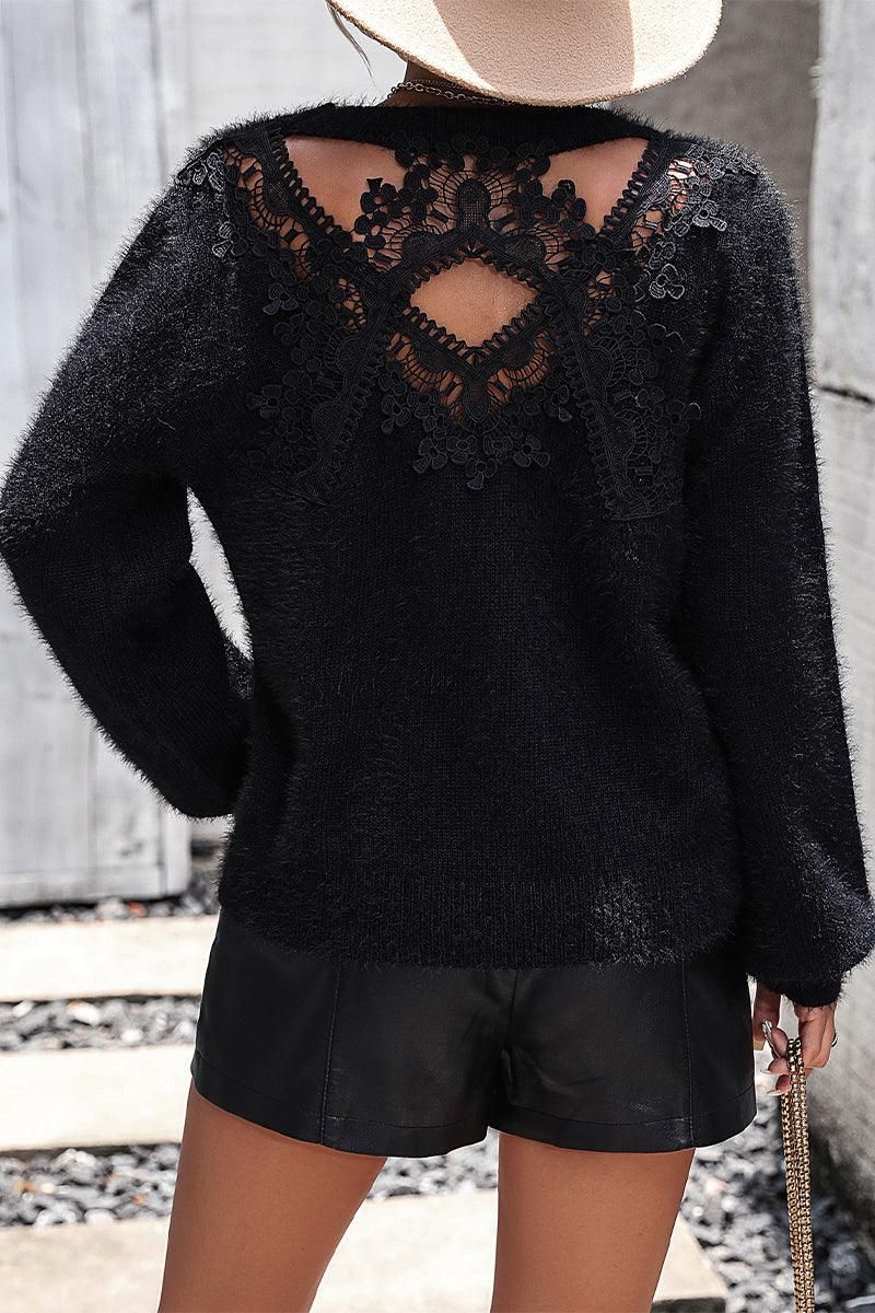 WOMEN LACED BACK DETAILED FURRY SWEATER TOP - Doublju