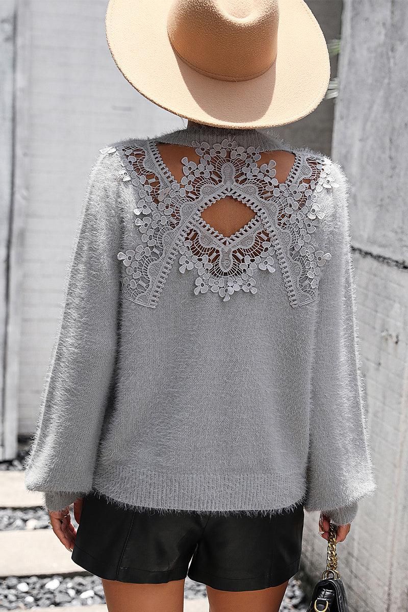 WOMEN LACED BACK DETAILED FURRY SWEATER TOP - Doublju