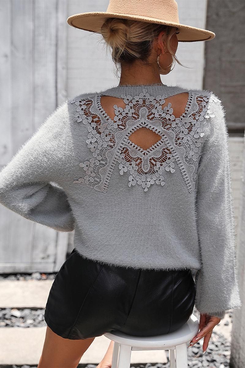 WOMEN LACED BACK DETAILED FURRY SWEATER TOP - Doublju