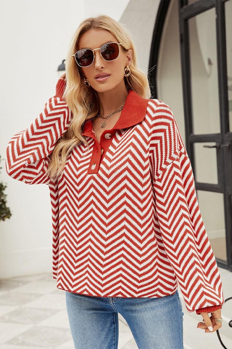 WOMEN V PATTERNED BUTTON V NECK JUMPER TOP - Doublju