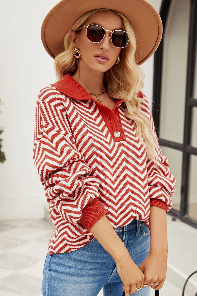 WOMEN V PATTERNED BUTTON V NECK JUMPER TOP - Doublju