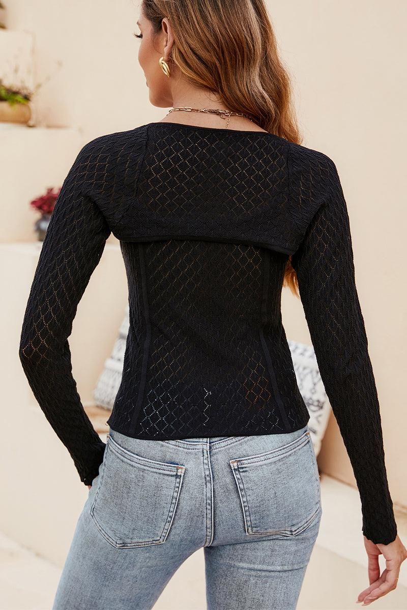 WOMEN TIGHT SLIM FIT HOLLOW KNIT SWEATER - Doublju