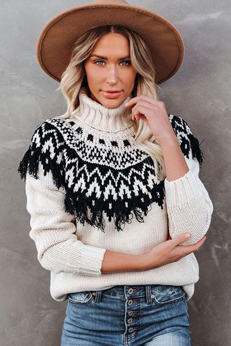 WOMEN VINTAGE TASSEL HIGH NECK BOHEMIAN SWEATER - Doublju