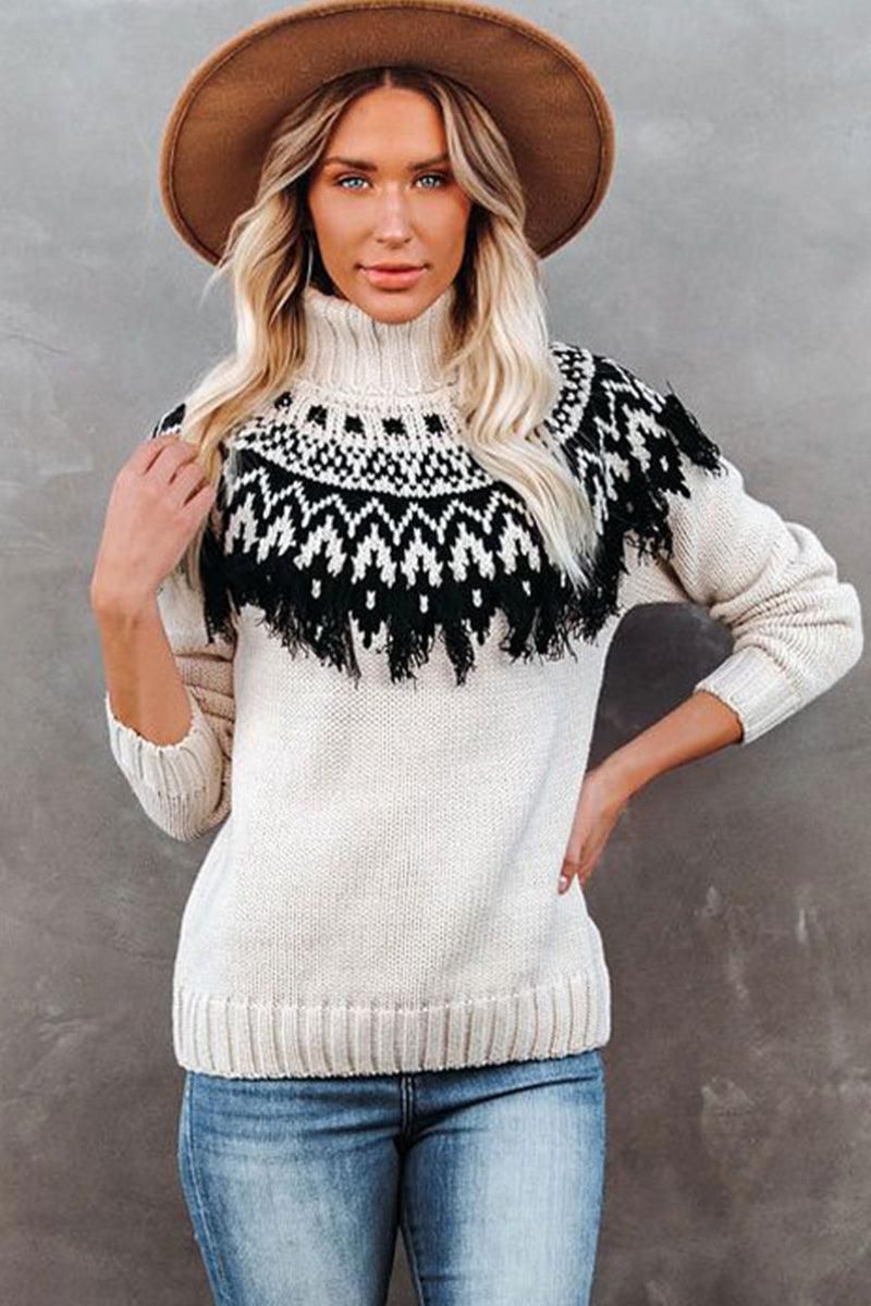 WOMEN VINTAGE TASSEL HIGH NECK BOHEMIAN SWEATER - Doublju