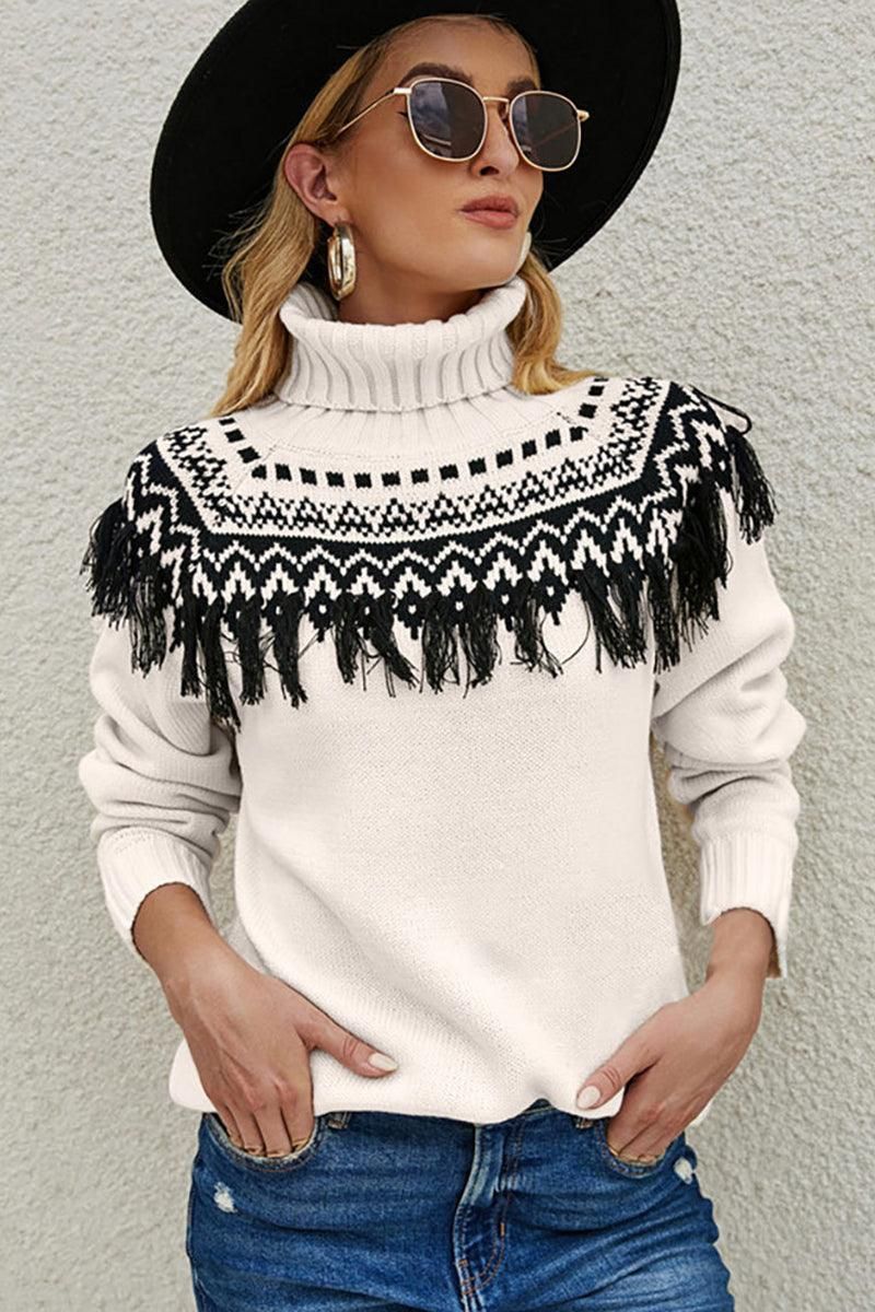 WOMEN VINTAGE TASSEL HIGH NECK BOHEMIAN SWEATER - Doublju