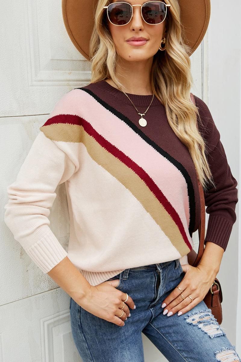 WOMEN COLOR STRIPED RIB SLEEVE PULLOVER - Doublju