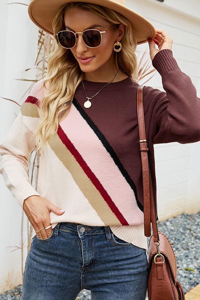 WOMEN COLOR STRIPED RIB SLEEVE PULLOVER - Doublju