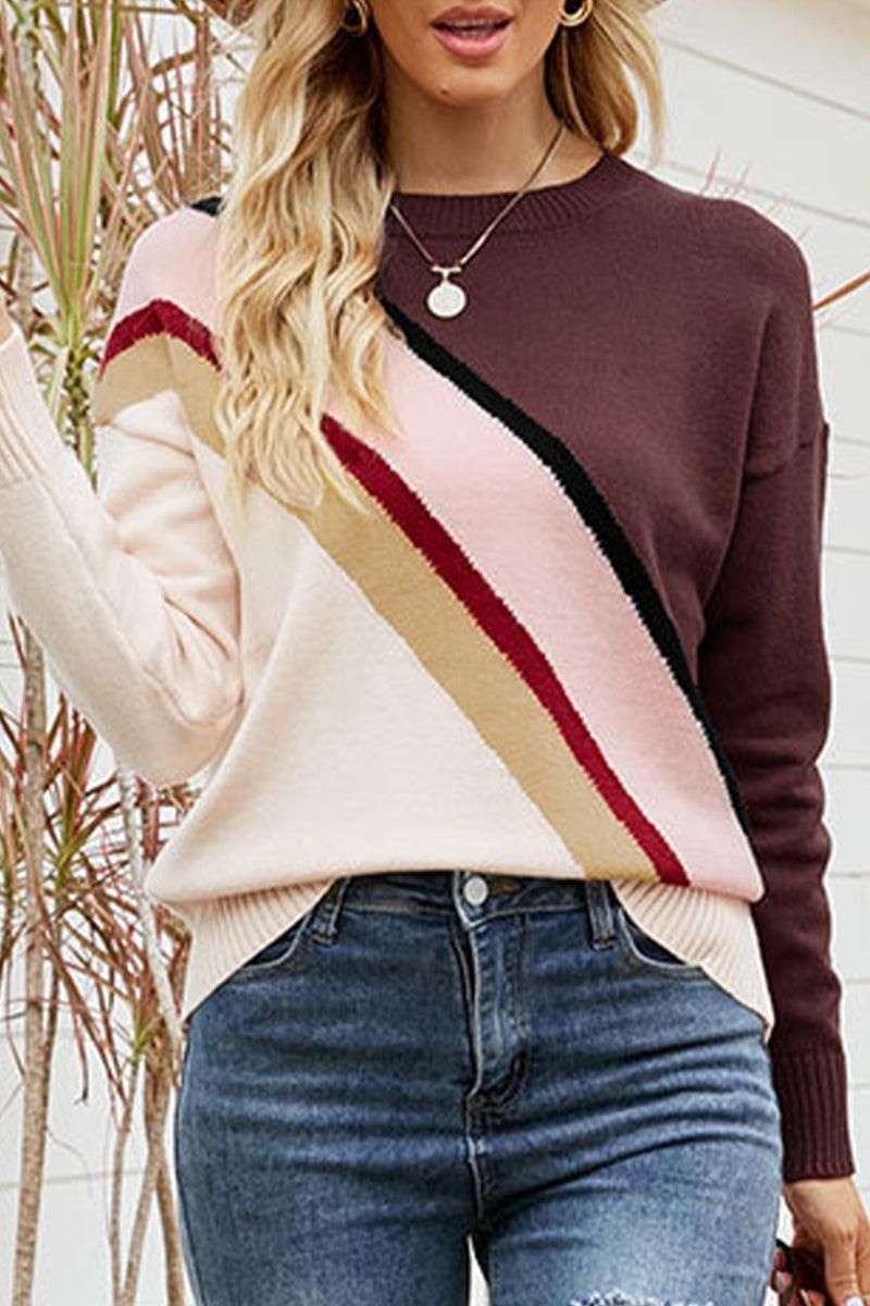 WOMEN COLOR STRIPED RIB SLEEVE PULLOVER - Doublju