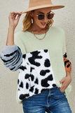 WOMEN FURRY LEOPARD BLOCKED SWEATER - Doublju