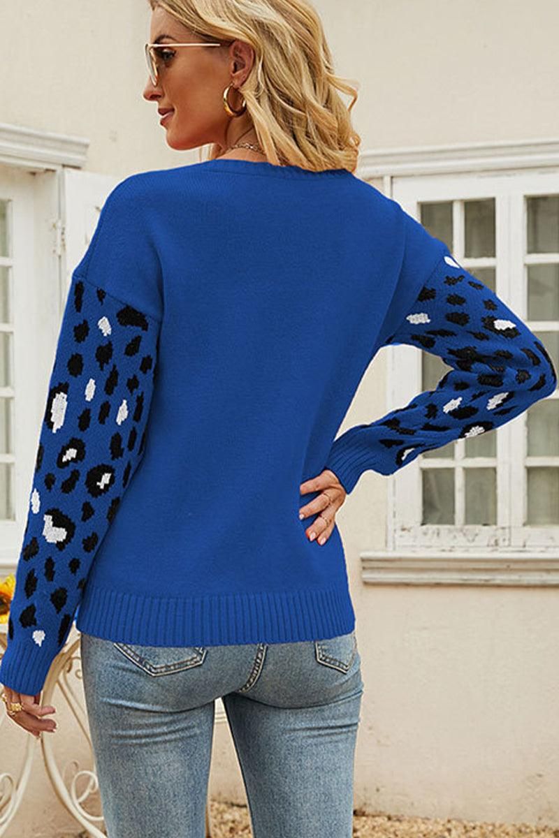 WOMEN LOOSE ROUND NECK LEOPARD PRINT SWEATER - Doublju