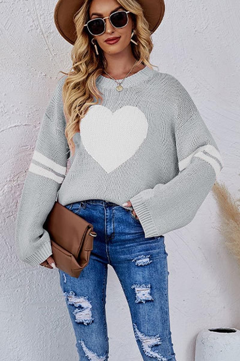 WOMEN OVERSIZED HEART PRINTING RIBBED PULLOVER TOP - Doublju