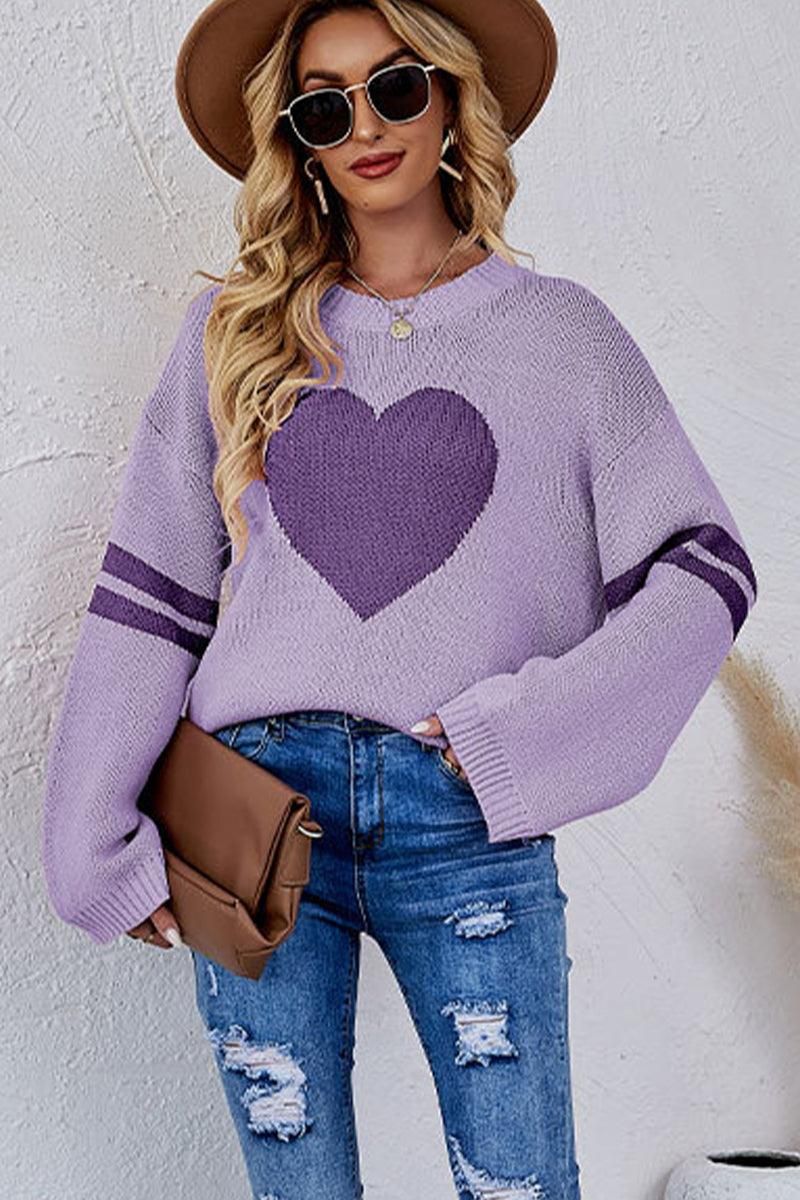 WOMEN OVERSIZED HEART PRINTING RIBBED PULLOVER TOP - Doublju