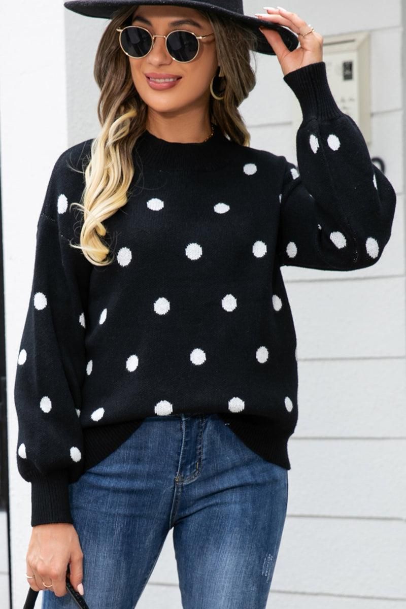 RIBBED NECK POLKADOT PRINTING PULLOVER SWEATER - Doublju