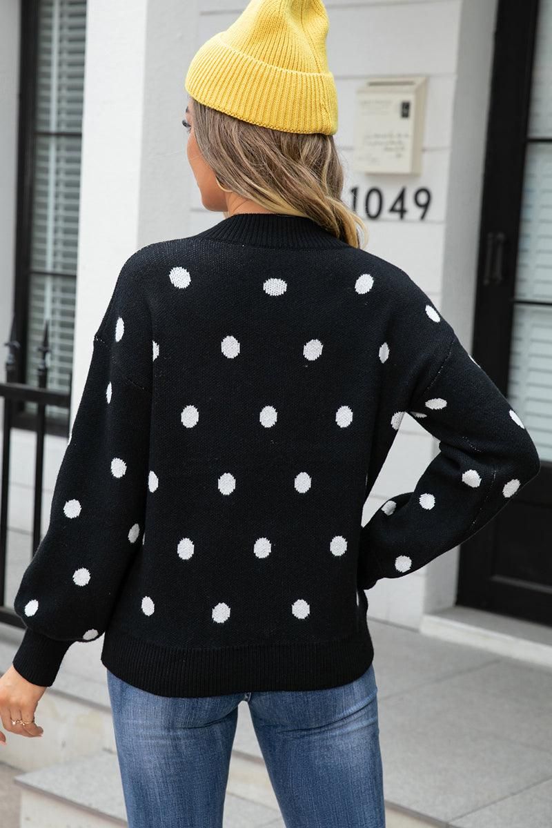 RIBBED NECK POLKADOT PRINTING PULLOVER SWEATER - Doublju