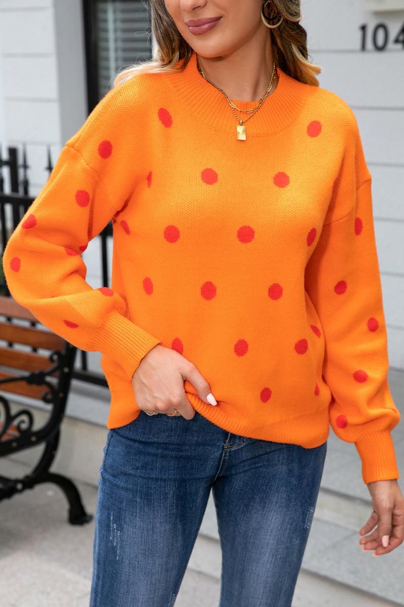 RIBBED NECK POLKADOT PRINTING PULLOVER SWEATER - Doublju