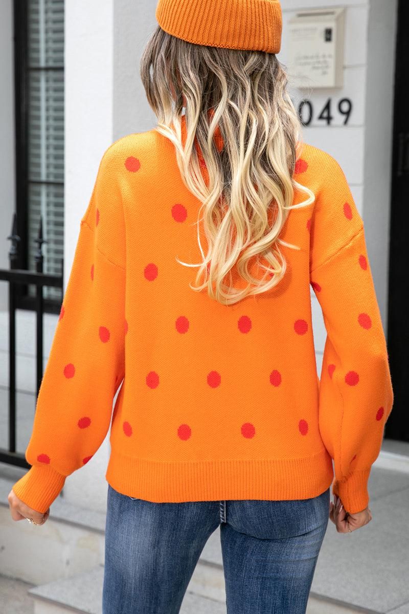 RIBBED NECK POLKADOT PRINTING PULLOVER SWEATER - Doublju