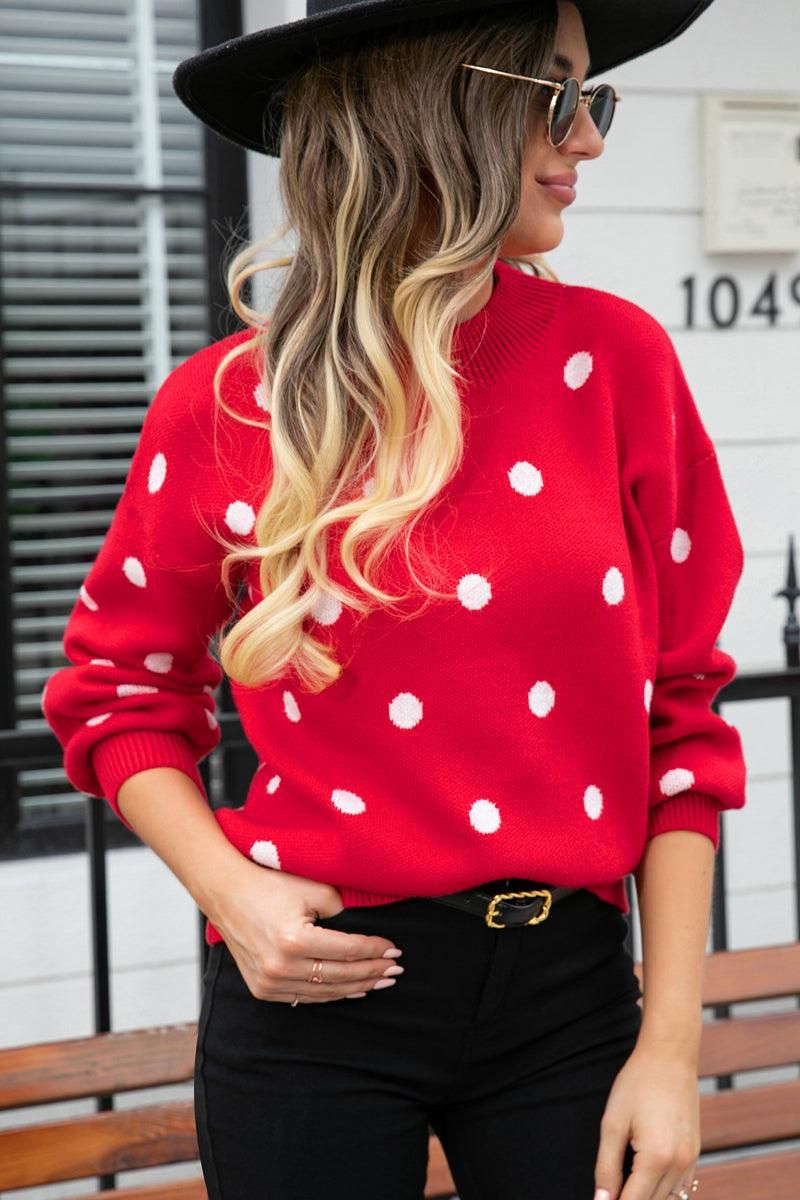 RIBBED NECK POLKADOT PRINTING PULLOVER SWEATER - Doublju