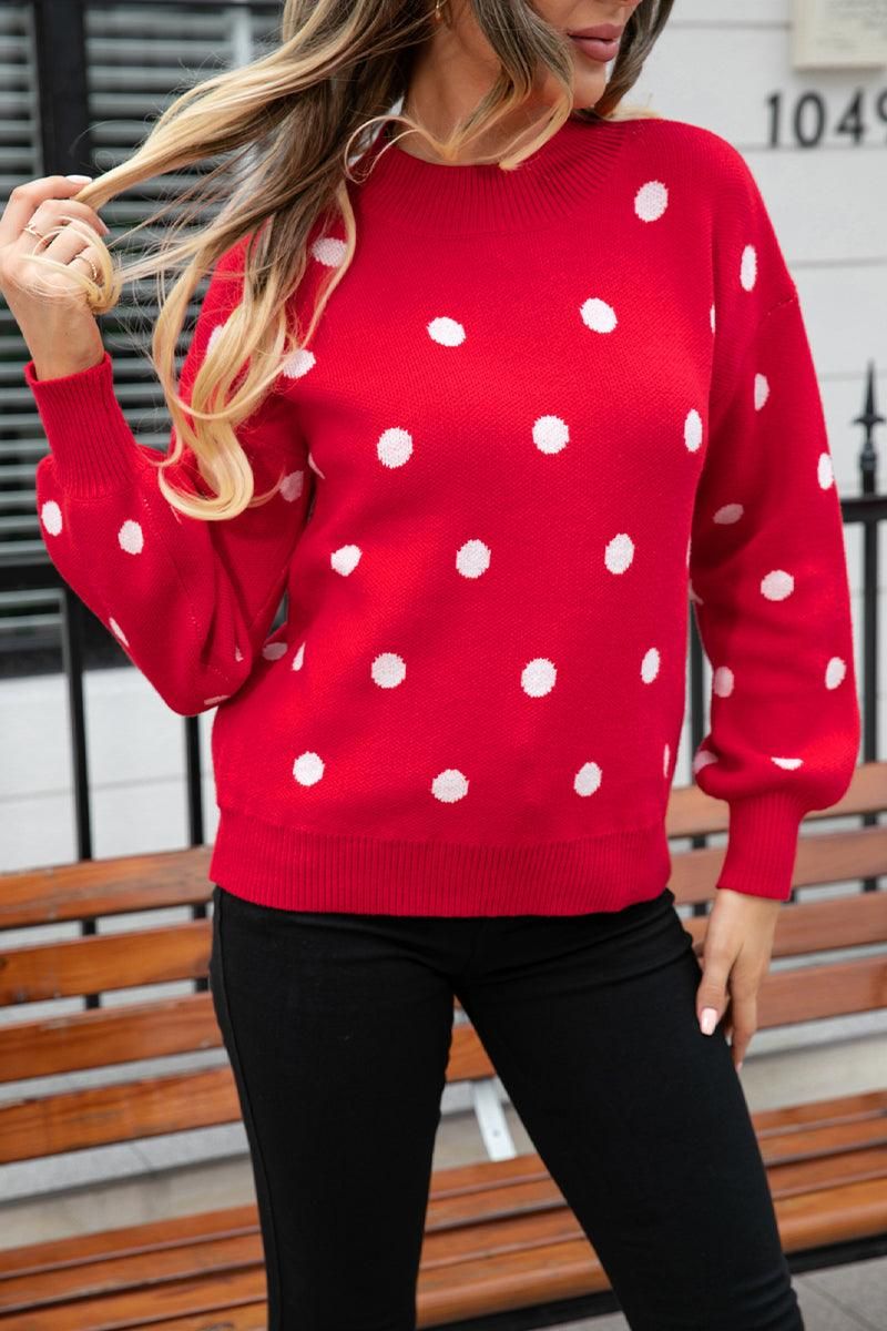 RIBBED NECK POLKADOT PRINTING PULLOVER SWEATER - Doublju