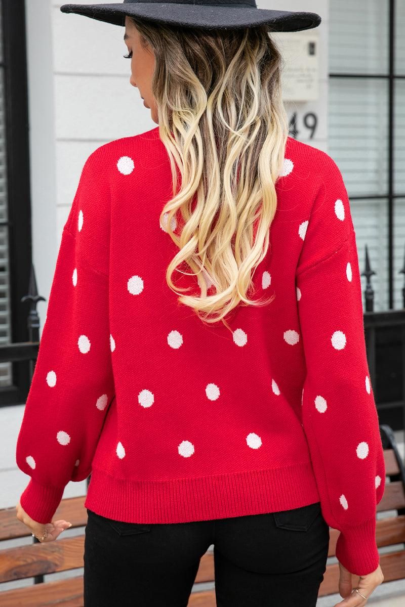 RIBBED NECK POLKADOT PRINTING PULLOVER SWEATER - Doublju