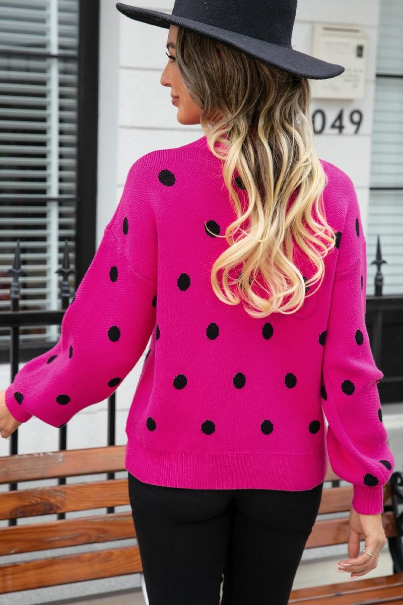 RIBBED NECK POLKADOT PRINTING PULLOVER SWEATER - Doublju