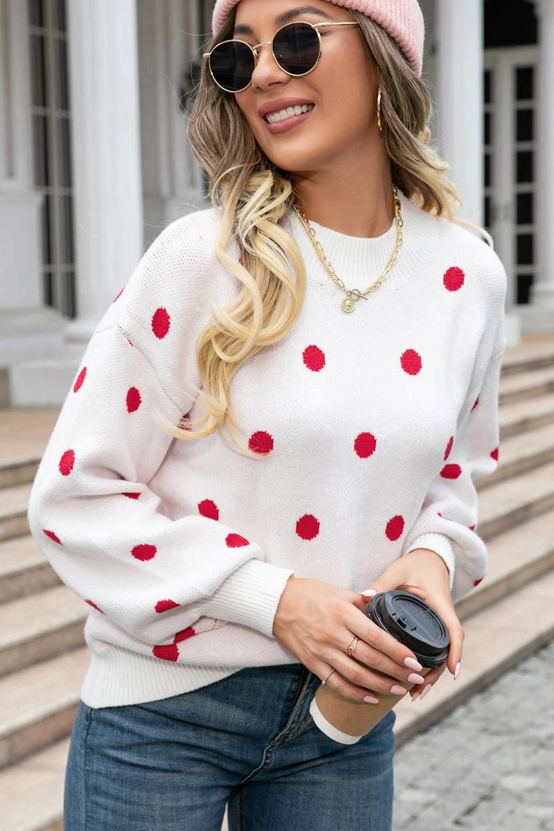 RIBBED NECK POLKADOT PRINTING PULLOVER SWEATER - Doublju