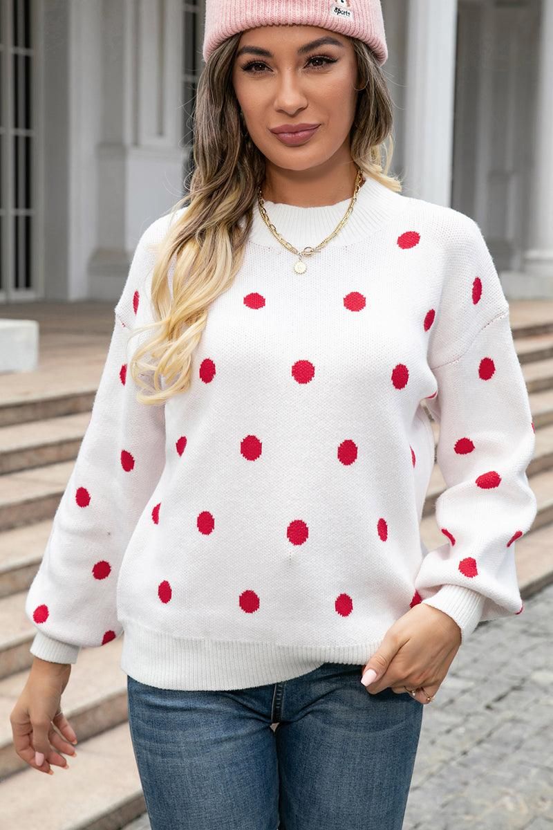 RIBBED NECK POLKADOT PRINTING PULLOVER SWEATER - Doublju