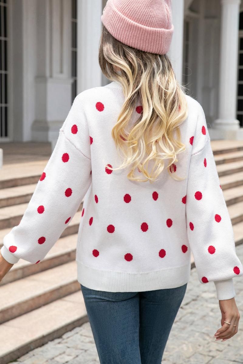 RIBBED NECK POLKADOT PRINTING PULLOVER SWEATER - Doublju